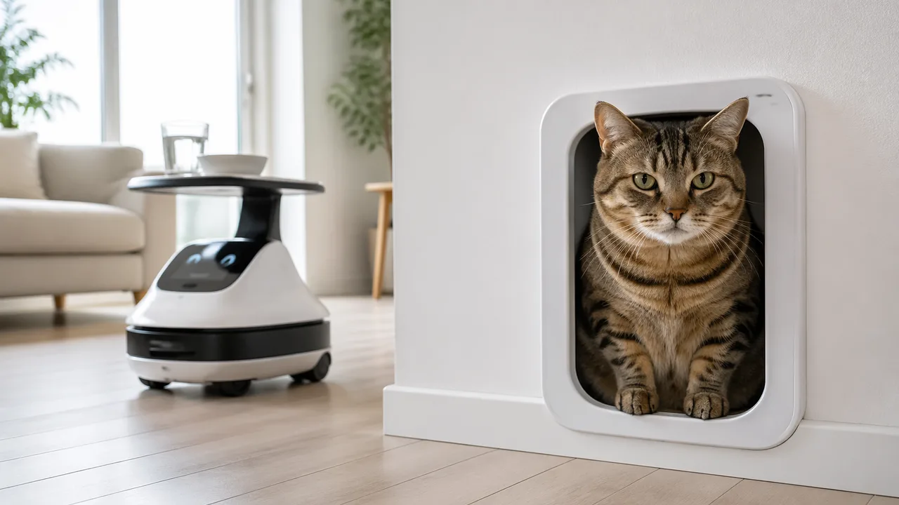 猫用ドアの最狭部をホルムズ海峡として監視する見守り家電定着、太った愛猫が座り込み家中の配膳が止まる