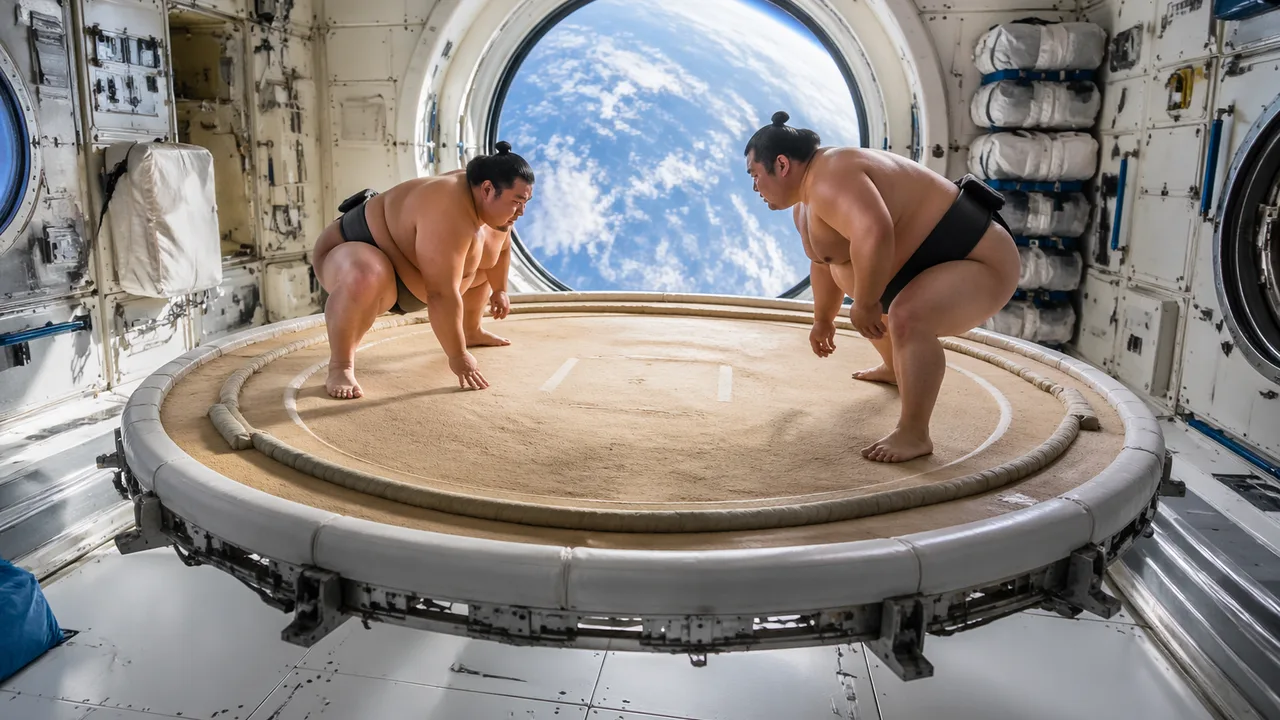 大相撲宇宙場所 土俵際で押し出された力士が軌道に乗り翌場所まで帰還できず