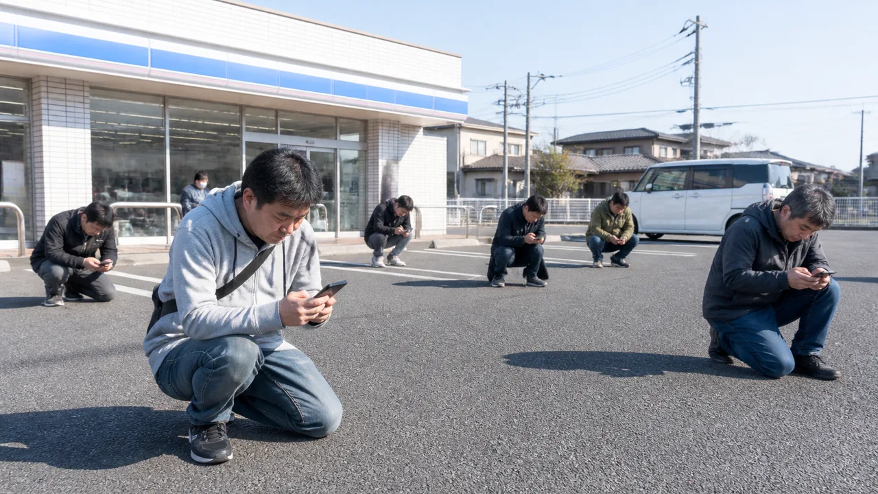 近所のコンビニWi-Fi、半径2.4mを越えると切断される仕様で駐車場のおじさん12人が膝立ちで利用